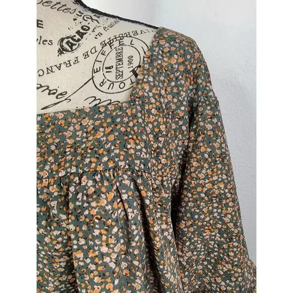 Arula Babydoll Top Sz C 3X Square Neck Green Floral Short Sleeve Ruffle Bohemian - Picture 4 of 10